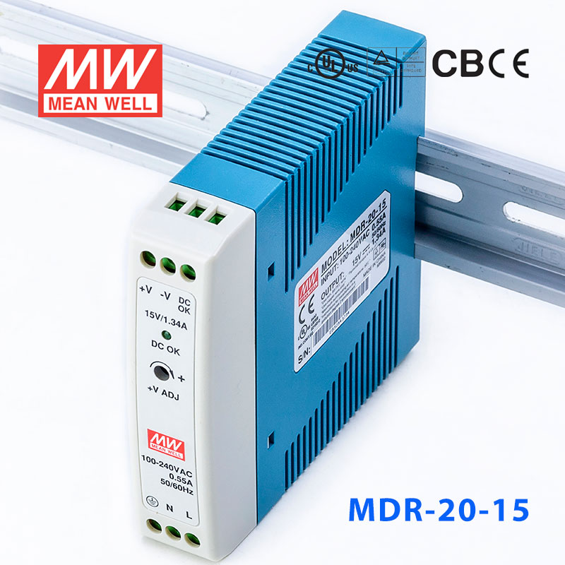 MDR-20-15 MDR-20-15 20W 15V1.34A 单输出低空载损耗DIN导轨型明纬电源