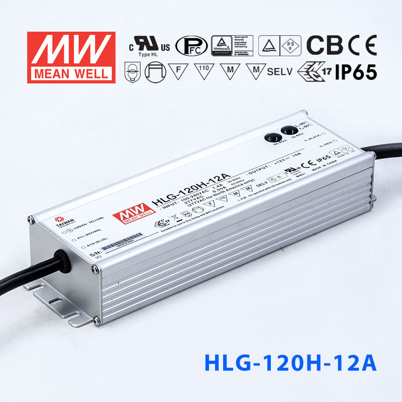 HLG-120H-12A HLG-120H-12A 120W 12V 10A 强耐环境恒压+恒流PFC高效铝壳IP65防水LED电源(恒压恒流值可面板设定)