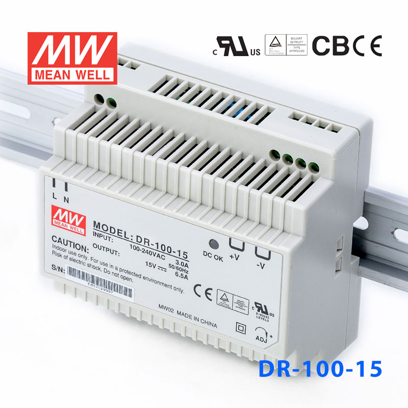 DR-100-15 DR-100-15 100W 15V6.5A 单路输出Class II DIN导轨安装明纬开关电源