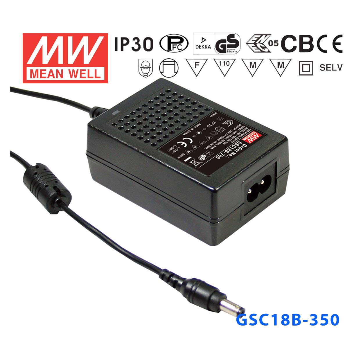 GSC18B-350 GSC18B-350 18W 26~52V 350mA 恒流输出带PFC功能塑壳外置桌面型LED专用适配器电源