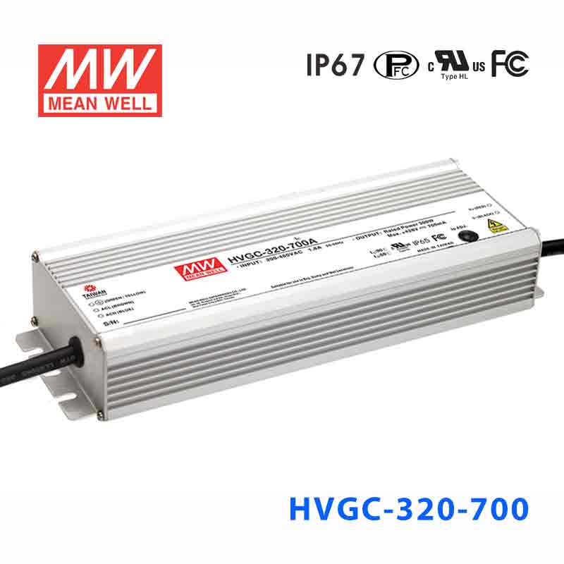 HVGC-320-700A HVGC-320-700A 320W 700mA 442Vac 输入强耐环境PFC高效铝壳IP65防水LED恒流电源(恒流值可面板设定)