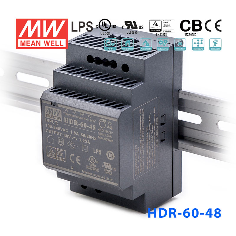 HDR-60-48 HDR-60-48 60W 48V 1.25A 单路输出明纬超薄型导轨安装电源