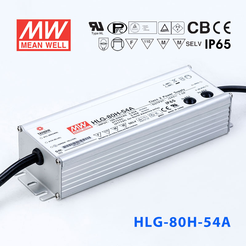 HLG-80H-54A HLG-80H-54A 80W 54V1.5A 强耐环境恒压+恒流PFC高效铝壳IP65防水LED电源(恒压恒流值可面板设定)