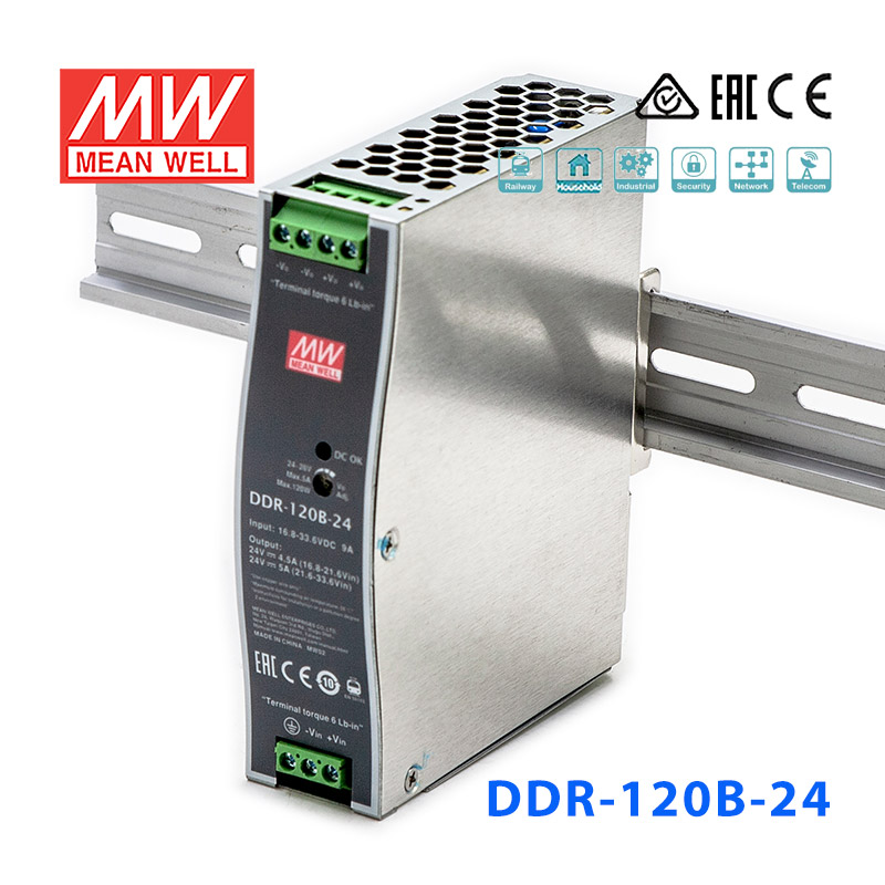 DDR-120B-24 DDR-120B-24明纬120W 16.8~33.6V输入 24V5A输出导轨型DC-DC电源