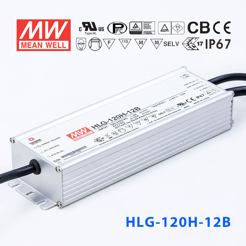 HLG-120H-12B HLG-120H-12B 120W 12V1 0A 强耐环境恒压+恒流PFC高效铝壳IP67防水LED电源(控制线三合一调光)
