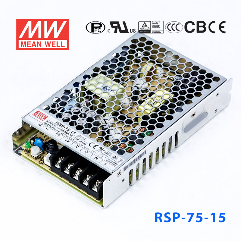 RSP-75-15 RSP-75-15 75W 15V5A单路输出低厚度带功率因素校正CCC认证明纬开关电源