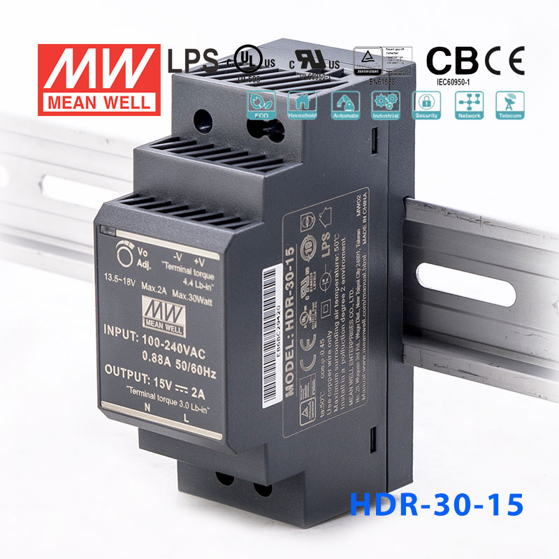 HDR-30-15 HDR-30-15 30W 15V 2A 单路输出明纬超薄型导轨安装电源