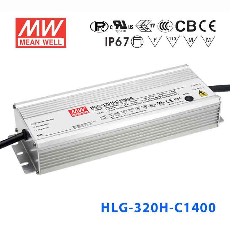HLG-320H-C1400B HLG-320H-C1400B 320W 宽范围输入 114~229V 1400mA 强耐环境高压恒流输出PFC高效铝壳IP67防水LED电源