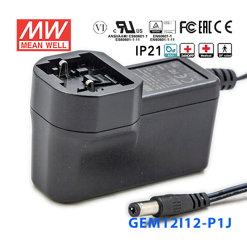 GEM12I12-P1J GEM12I12-P1J 12W 12V 1A输出明纬环保可换插头医疗电源适配器