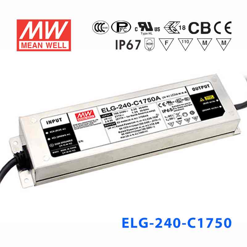 ELG-240-C1750B ELG-240-C1750B 240W 69~137V 1750mA B型(0～10V/PWM/电阻调光)/铝壳IP67/100～305Vac输入)明纬PFC防水LED电源