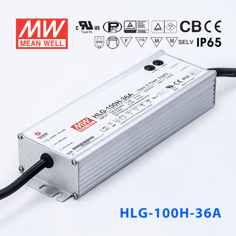 HLG-100H-36A HLG-100H-36A 100W 36V 2.65A 强耐环境恒压+恒流PFC高效铝壳IP65防水LED电源(恒压恒流值可面板设定)