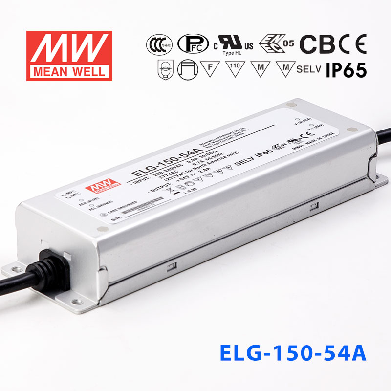 ELG-150-54A ELG-150-54A 150W 54V 2.8A A型(电流可调/铝壳IP65/100~305Vac输入)明纬PFC防水LED电源