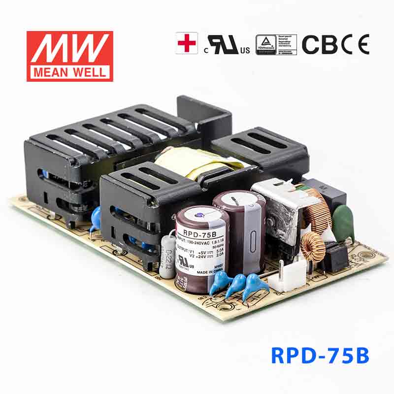 RPD-75B RPD-75B 75W +5V 6.8A +24V 2.7A 双路输出微漏电低空载损耗医用无外壳明纬开关电源