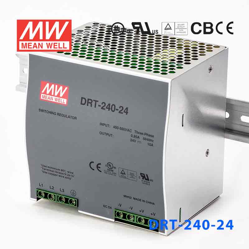 DRT-240-24 DRT-240-24 240W 24V10A 输出带PFC功能三相输入DIN导轨安装明纬电源