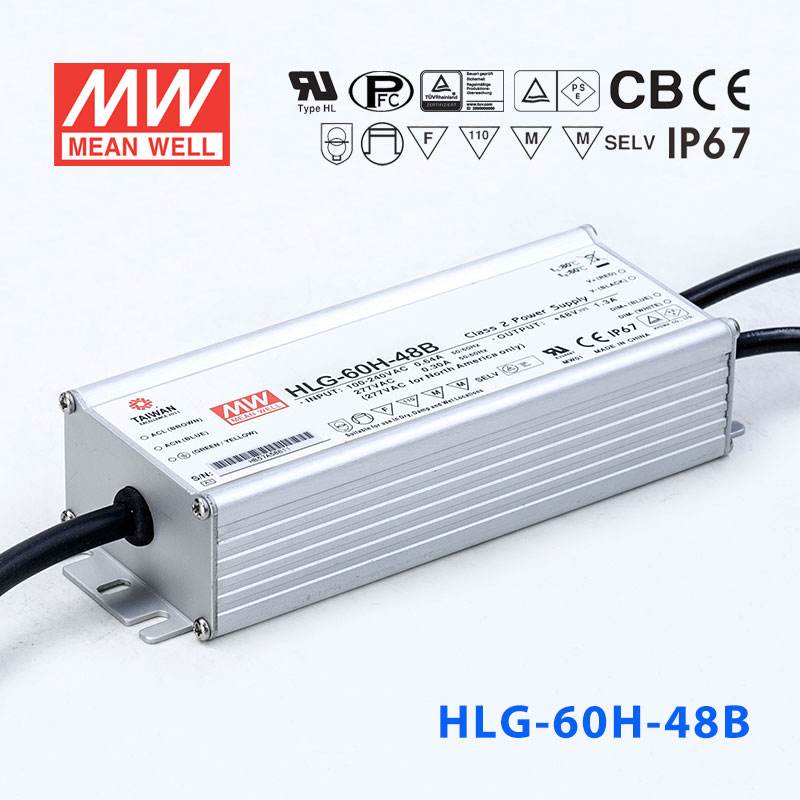 HLG-60H-48B HLG-60H-48B 60W 48V 1.3A 强耐环境恒压+恒流PFC高效铝壳IP67防水LED电源(控制线三合一调光)