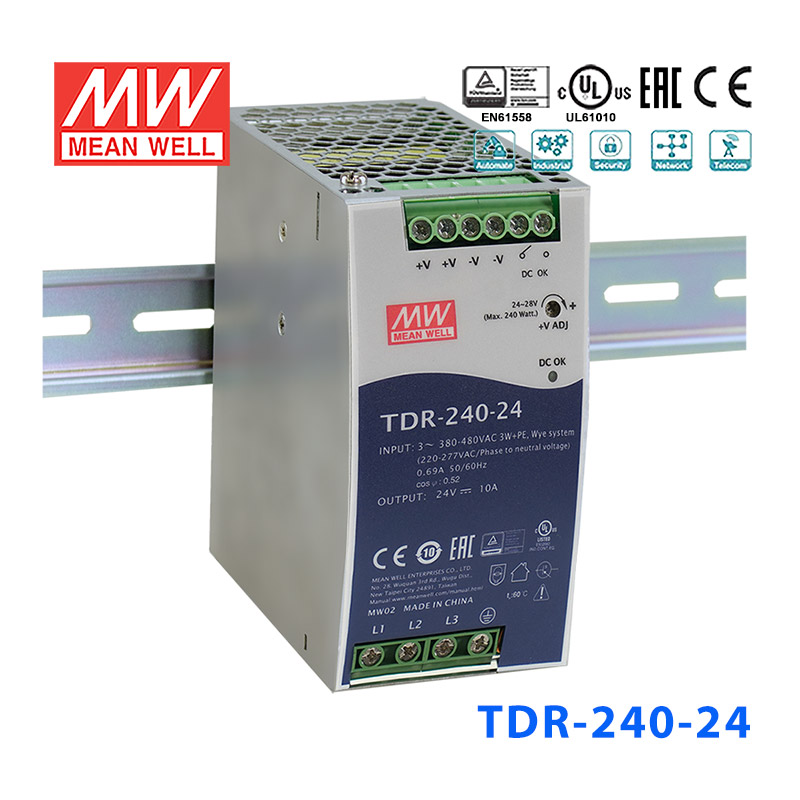 TDR-240-24 TDR-240-24 240W 24V10A 三相输入高效率高功率因素单路输出DIN导轨安装明纬开关电源