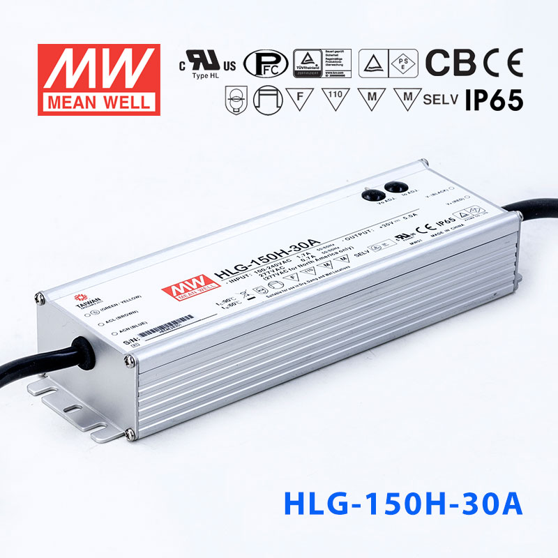 HLG-150H-30A HLG-150H-30A 150W 30V 5A 强耐环境恒压+恒流PFC高效铝壳IP65防水LED电源(恒压恒流值可面板设定)