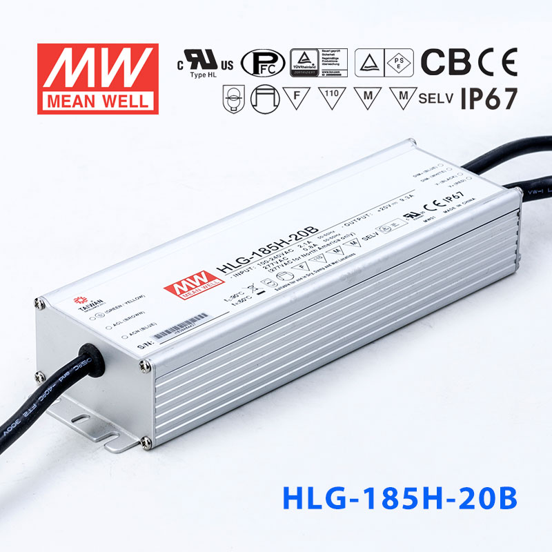 HLG-185H-20B HLG-185H-20B 185W 20V 9.3A 强耐环境恒压+恒流PFC高效铝壳IP67防水LED电源(控制线三合一调光)