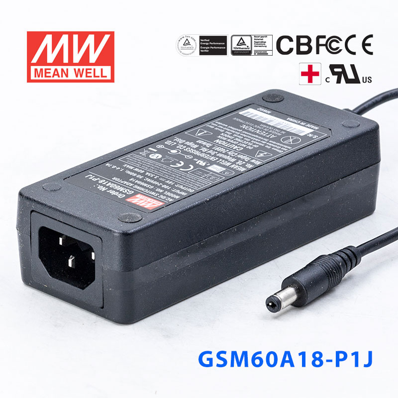 GSM60A18-P1J GSM60A18-P1J 60W 18V3.33A明纬高能效医疗型IEC320-C14插口电源适配器