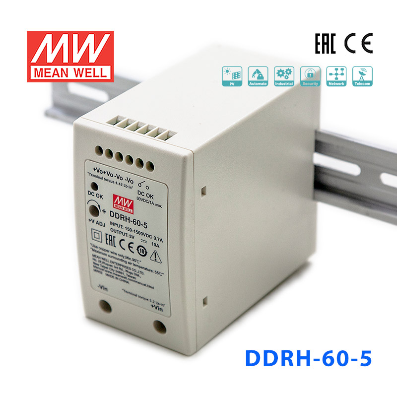 DDRH-60-5 DDRH-60-5明纬50W 150~1500V输入5V10A输出宽输入导轨DC-DC转换器