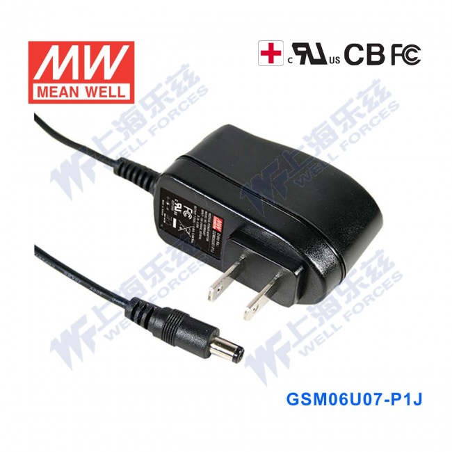 GSM06U07-P1J GSM06U07-P1J 6W 7.5V0.8A输出明纬高能效医疗型美规墙插电源适配器