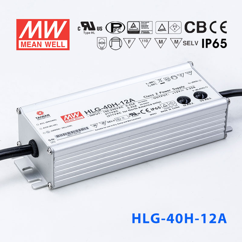 HLG-40H-12A HLG-40H-12A 40W 12V 3.33A 强耐环境恒压+恒流PFC高效铝壳IP65防水LED电源(恒压恒流值可面板设定)