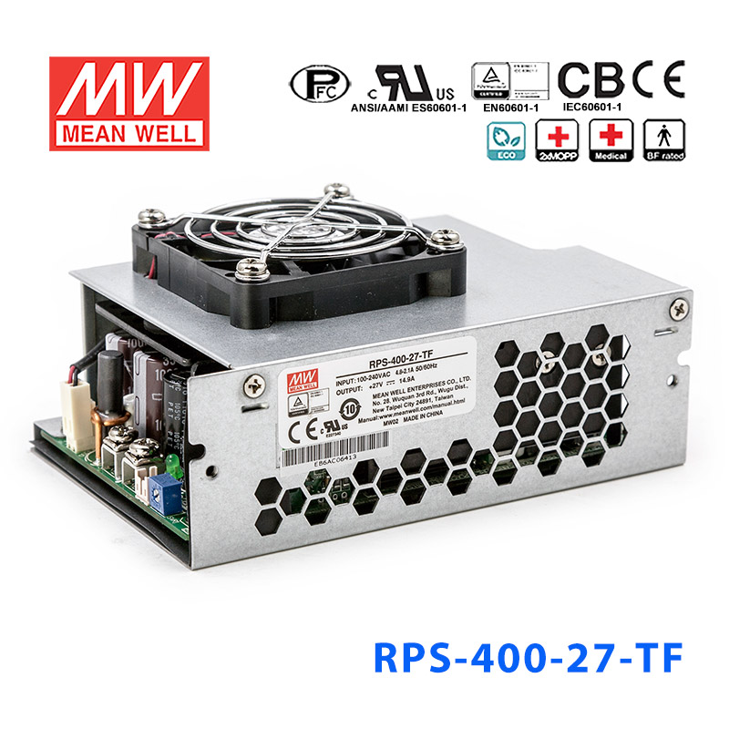 RPS-400-27-TF RPS-400-27-TF 400W 27V 14.9A 单路输出PFC微漏电流低空载损耗顶置风扇机壳型医用明纬开关电源