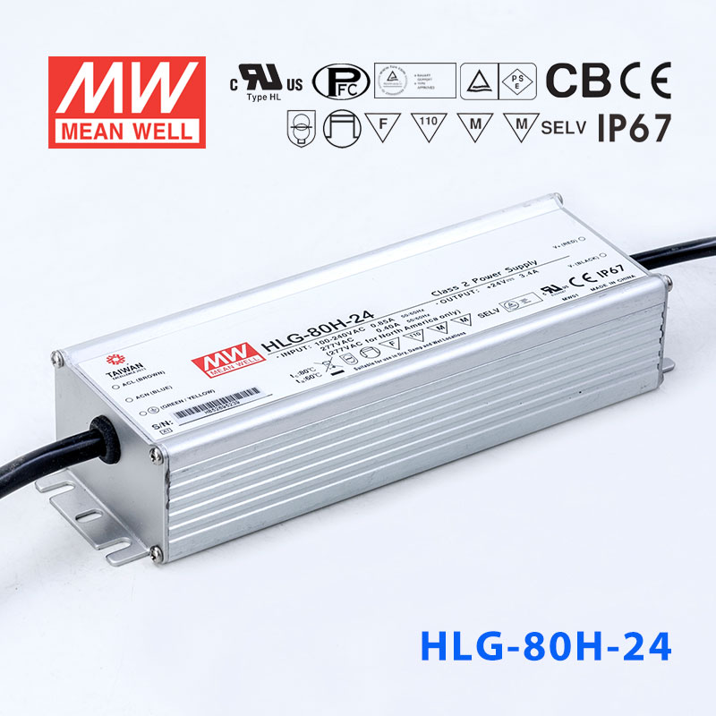 HLG-80H-24 HLG-80H-24 80W 24V3.4A 强耐环境恒压+恒流PFC高效铝壳IP67防水LED电源(引线接线)