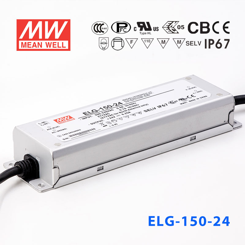 ELG-150-24 ELG-150-24 150W 24V 6.25A 基本型(线缆接线/铝壳IP67/100～305Vac输入)明纬PFC防水LED电源