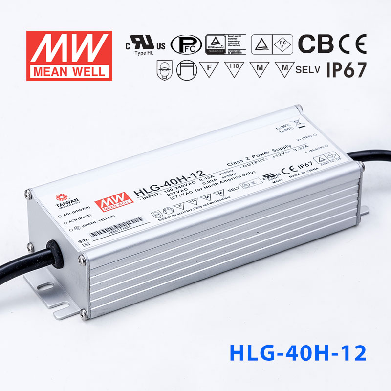 HLG-40H-12 HLG-40H-12 40W 12V 3.33A强耐环境恒压+恒流PFC高效铝壳IP67防水LED电源(引线接线)