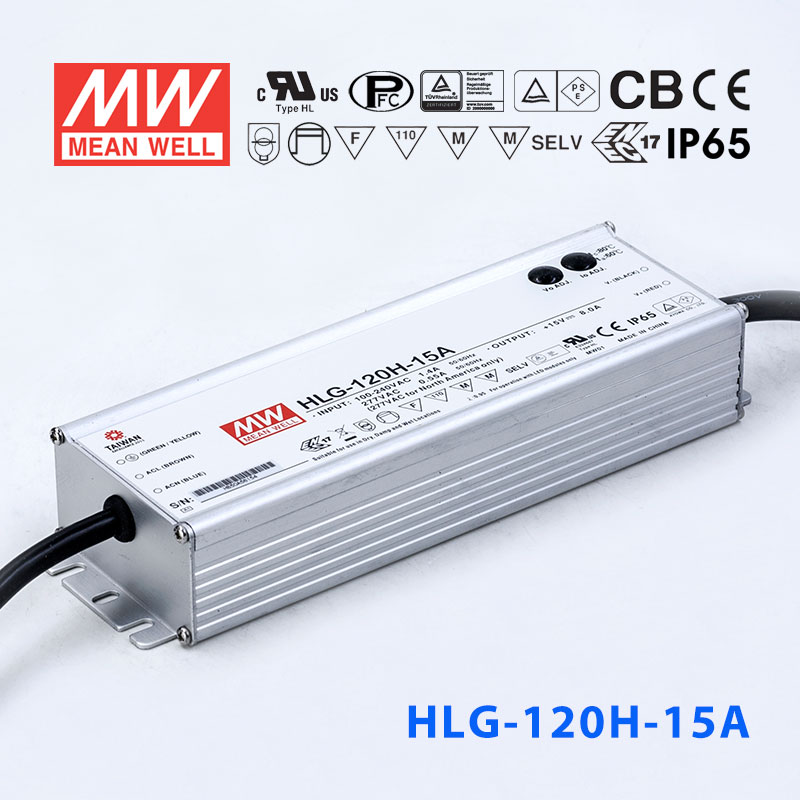 HLG-120H-15A HLG-120H-15A 120W 15V 8A 强耐环境恒压+恒流PFC高效铝壳IP65防水LED电源(恒压恒流值可面板设定)
