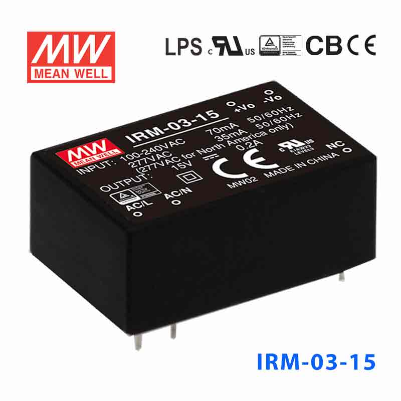 IRM-03-15 IRM-03-15 3W 15V 200mA 单路输出高能效AC-DC模块型明纬开关电源-插脚型