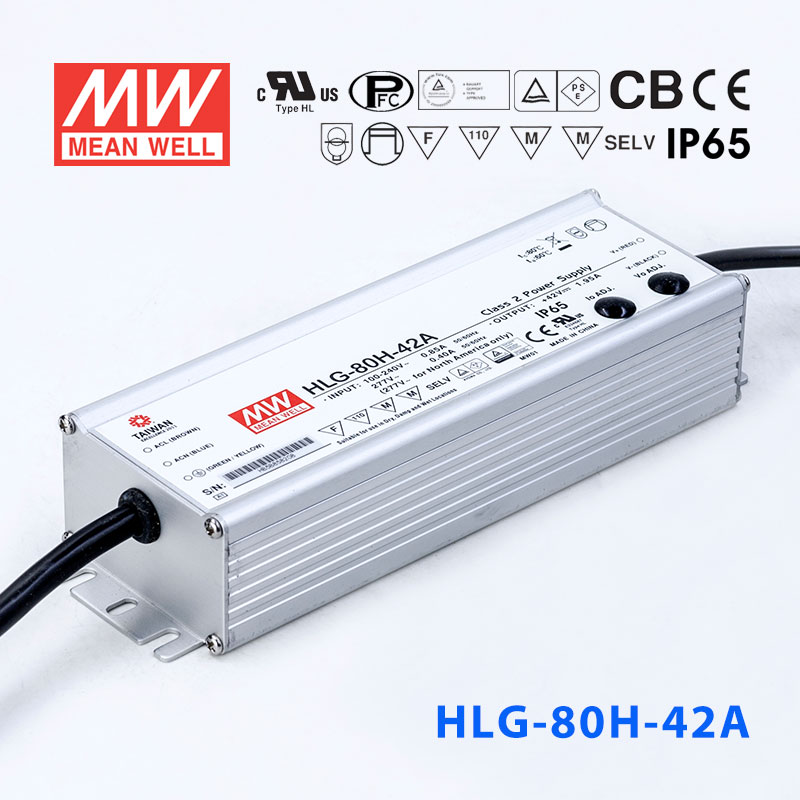 HLG-80H-42A HLG-80H-42A 80W 42V 1.95A 强耐环境恒压+恒流PFC高效铝壳IP65防水LED电源(恒压恒流值可面板设定)