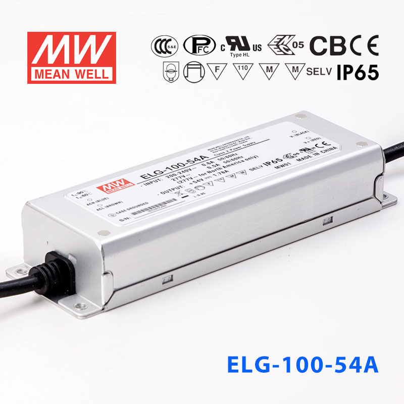 ELG-100-54A ELG-100-54A 96W 54V 1.78A A型(电流可调/铝壳IP65防水/180~305Vac输入)明纬PFC防水LED电源