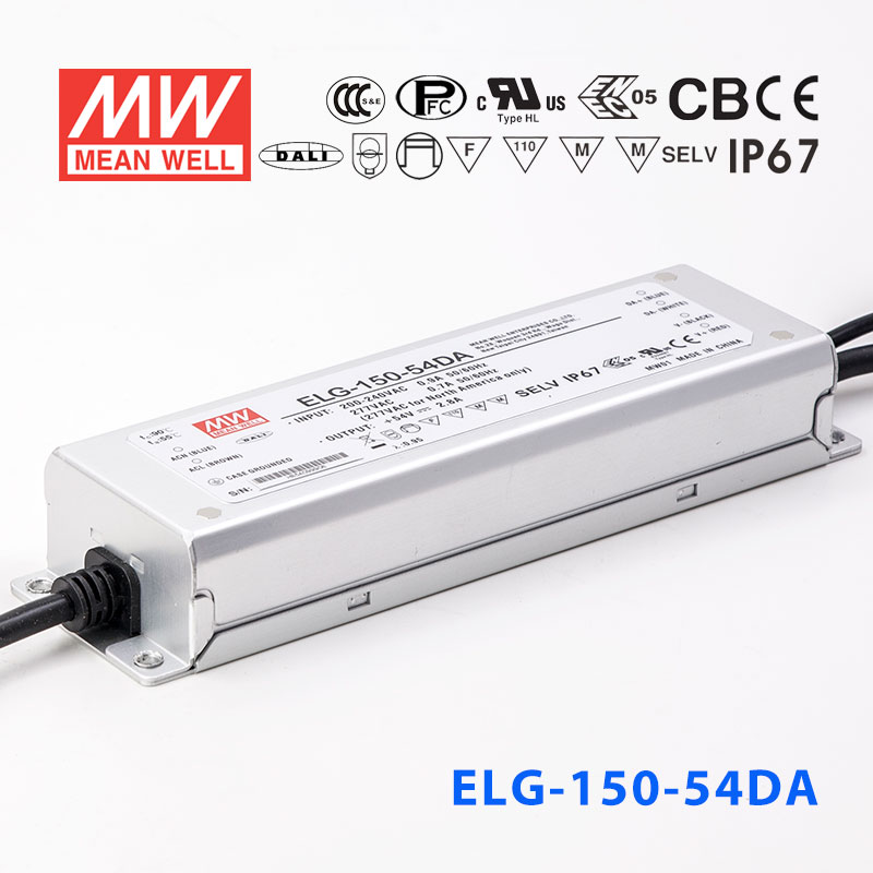 ELG-150-54DA ELG-150-54DA 150W 54V 2.8A DA型(Dali调光/铝壳IP67/100～305Vac输入)明纬PFC防水LED电源