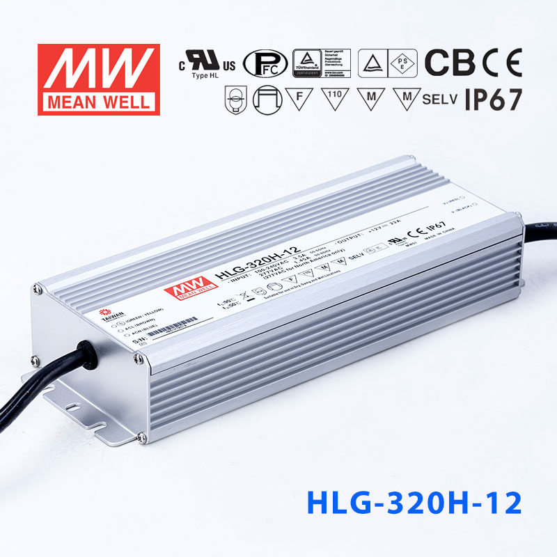 HLG-320H-12 HLG-320H-12 320W 12V 22A 强耐环境恒压+恒流PFC高效铝壳IP67防水LED电源(引线接线)