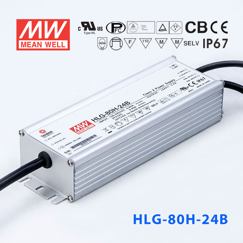 HLG-80H-24B HLG-80H-24B 80W 24V 3.4A 强耐环境恒压+恒流PFC高效铝壳IP67防水LED电源(控制线三合一调光)