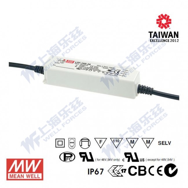 LPF-16D-36 LPF-16D-36 16W 36V 0.45A 恒压+恒流PFC高效率塑壳IP30防水调光LED电源