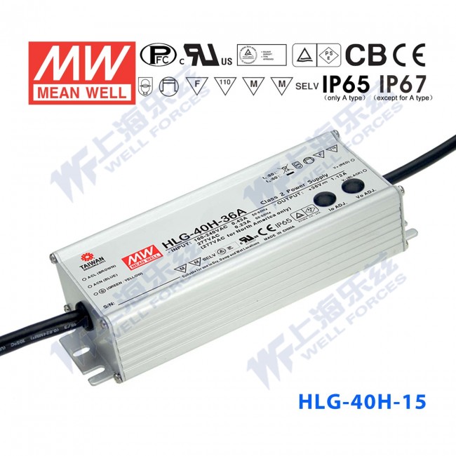HLG-40H-15 HLG-40H-15 40W 15V 2.67A 强耐环境恒压+恒流PFC高效铝壳IP67防水LED电源(引线接线)
