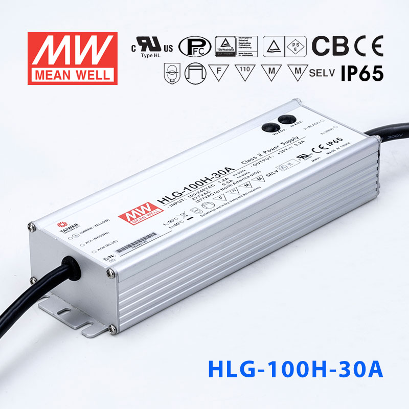 HLG-100H-30A HLG-100H-30A 100W 30V 3.2A 强耐环境恒压+恒流PFC高效铝壳IP65防水LED电源(恒压恒流值可面板设定)