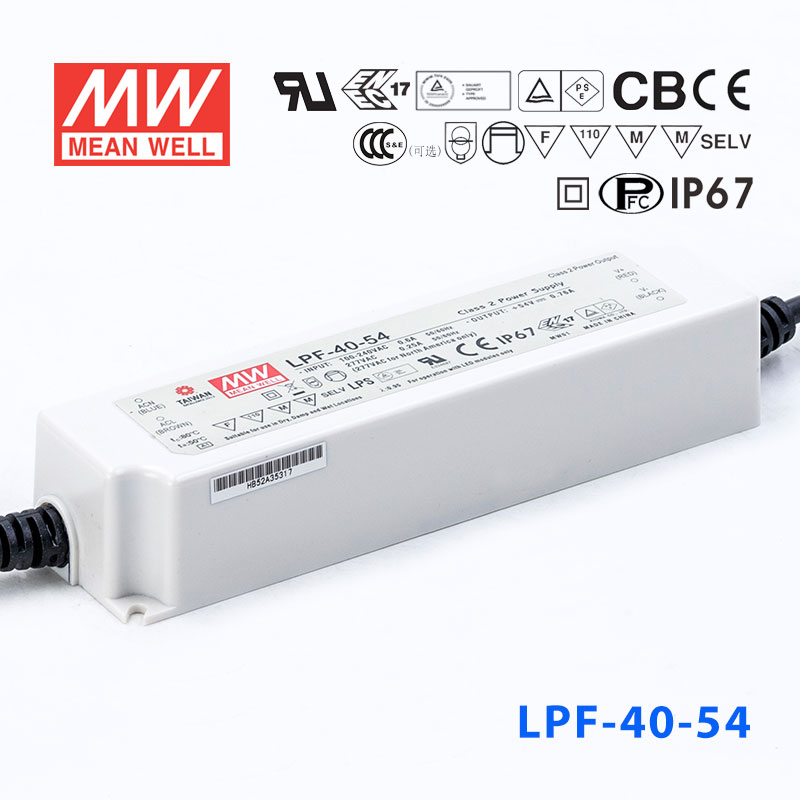 LPF-40-54 LPF-40-54 40W 54V 0.76A 恒压+恒流有PFC高效率塑壳IP67防水LED电源