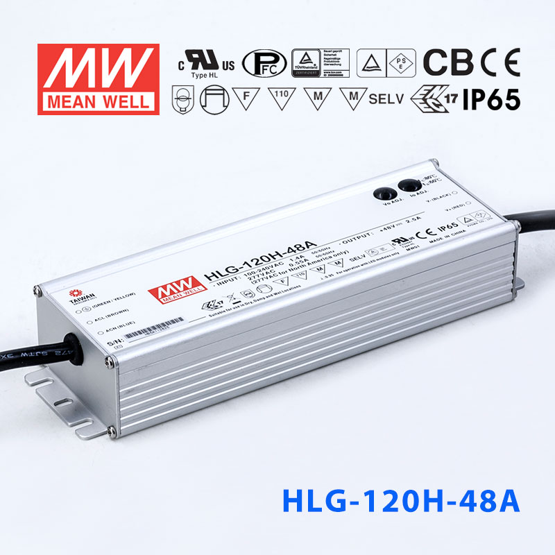 HLG-120H-48A HLG-120H-48A 120W 48V 2.5A 强耐环境恒压+恒流PFC高效铝壳IP65防水LED电源(恒压恒流值可面板设定)