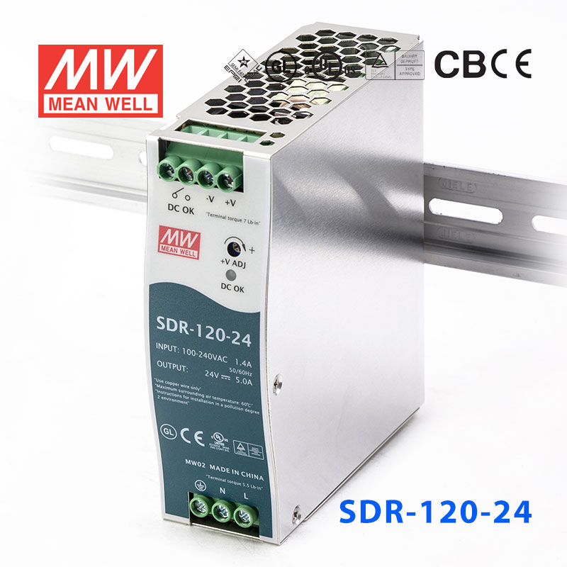 SDR-120-24 SDR-120-24 120W 24V5A 高效率高功率因素单路输出DIN导轨安装明纬开关电源