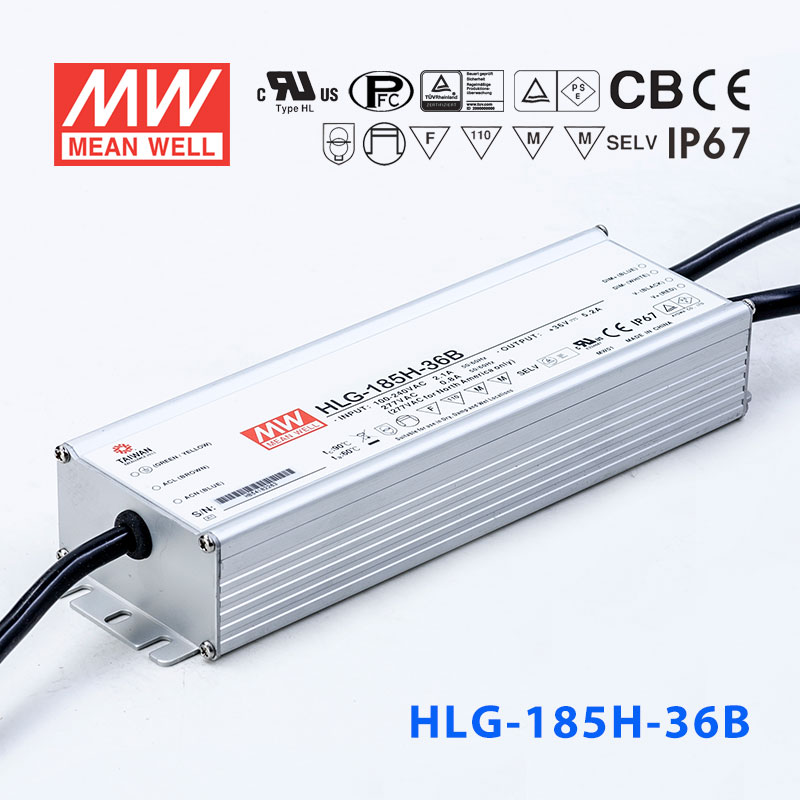 HLG-185H-36B HLG-185H-36B 185W 36V 5.2A 强耐环境恒压+恒流PFC高效铝壳IP67防水LED电源(控制线三合一调光)