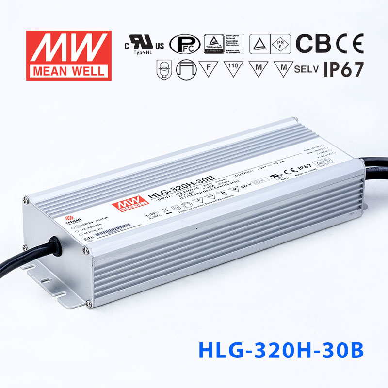 HLG-320H-30B HLG-320H-30B 320W 30V 10.7A 强耐环境恒压+恒流PFC高效铝壳IP67防水LED电源(控制线三合一调光)