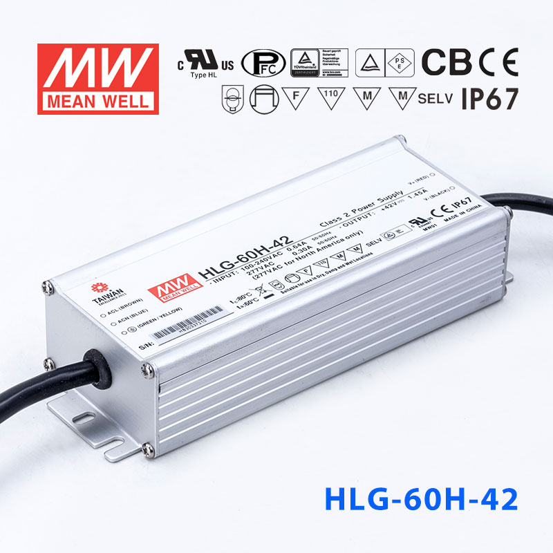 HLG-60H-42 HLG-60H-42 60W 42V 1.45A 强耐环境恒压+恒流PFC高效铝壳IP67防水LED电源