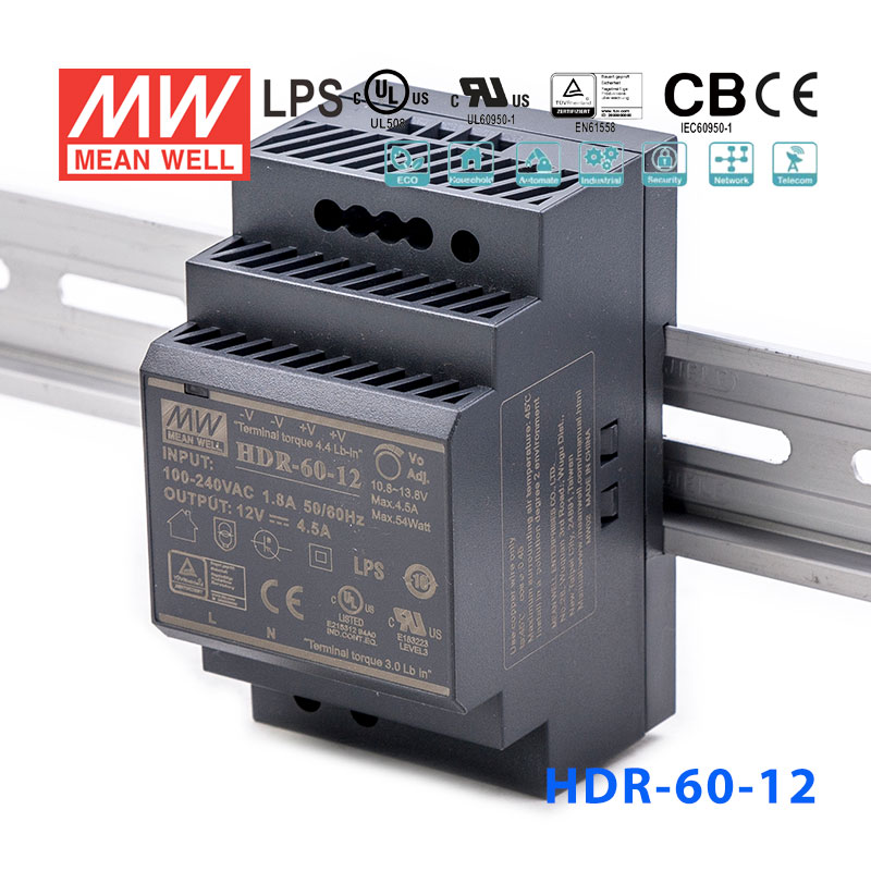 HDR-60-12 HDR-60-12 54W 12V 4.5A 单路输出明纬超薄型导轨安装电源