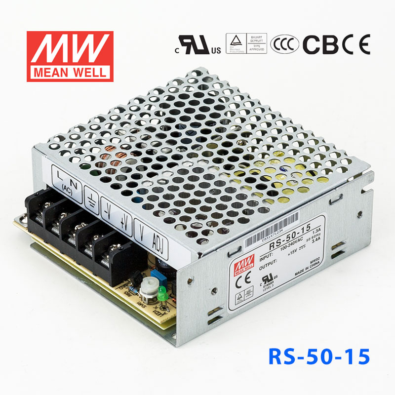 RS-50-15 RS-50-15 50W 15V3.4A 单路输出明纬开关电源(G3系列-高性能内置有外壳)