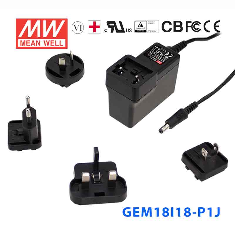 GEM18I18-P1J GEM18I18-P1J 18W18V1A输出明纬高能效可换插头医疗电源适配器