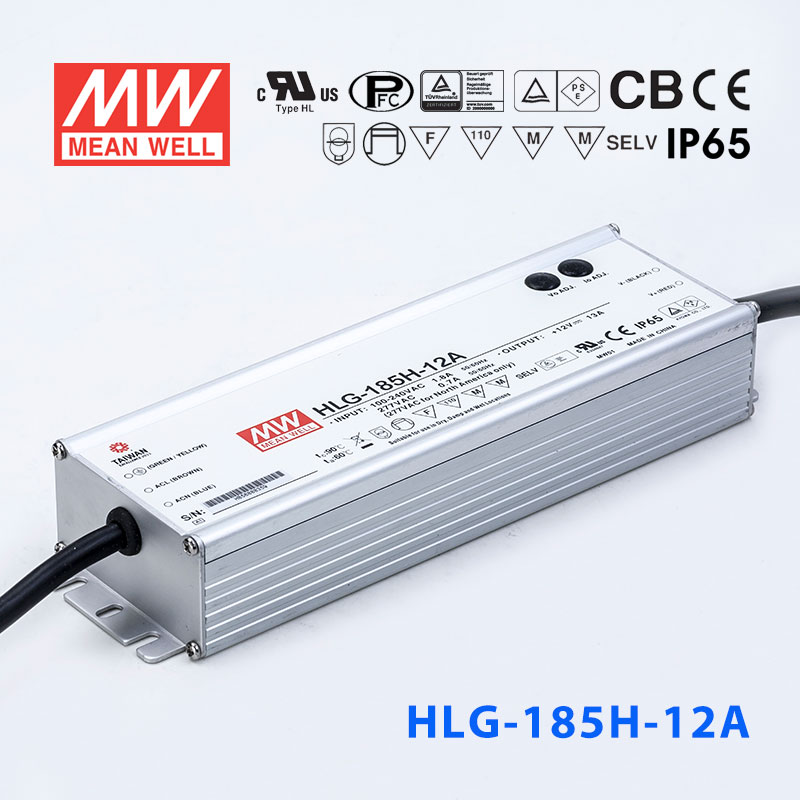 HLG-185H-12A HLG-185H-12A 185W 12V 13A 强耐环境恒压+恒流PFC高效铝壳IP65防水LED电源(恒压恒流值可面板设定)